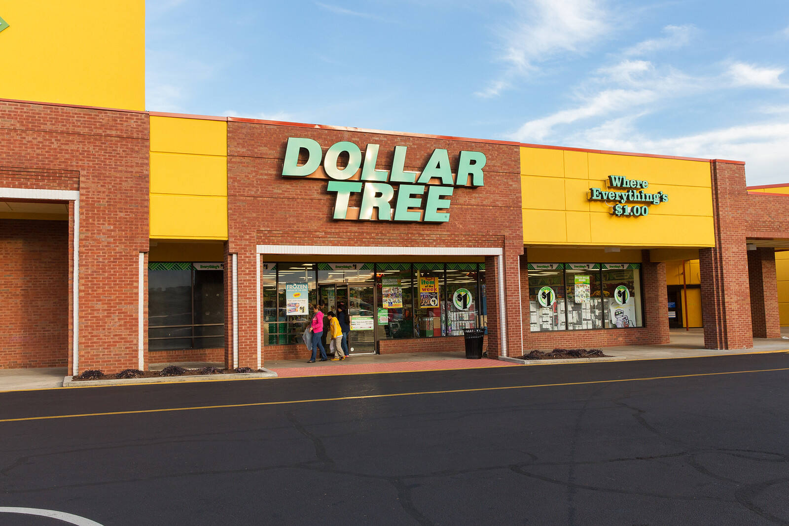 Front entrance of Dollar Tree at outdoor shopping center in Brookhaven, Georgia