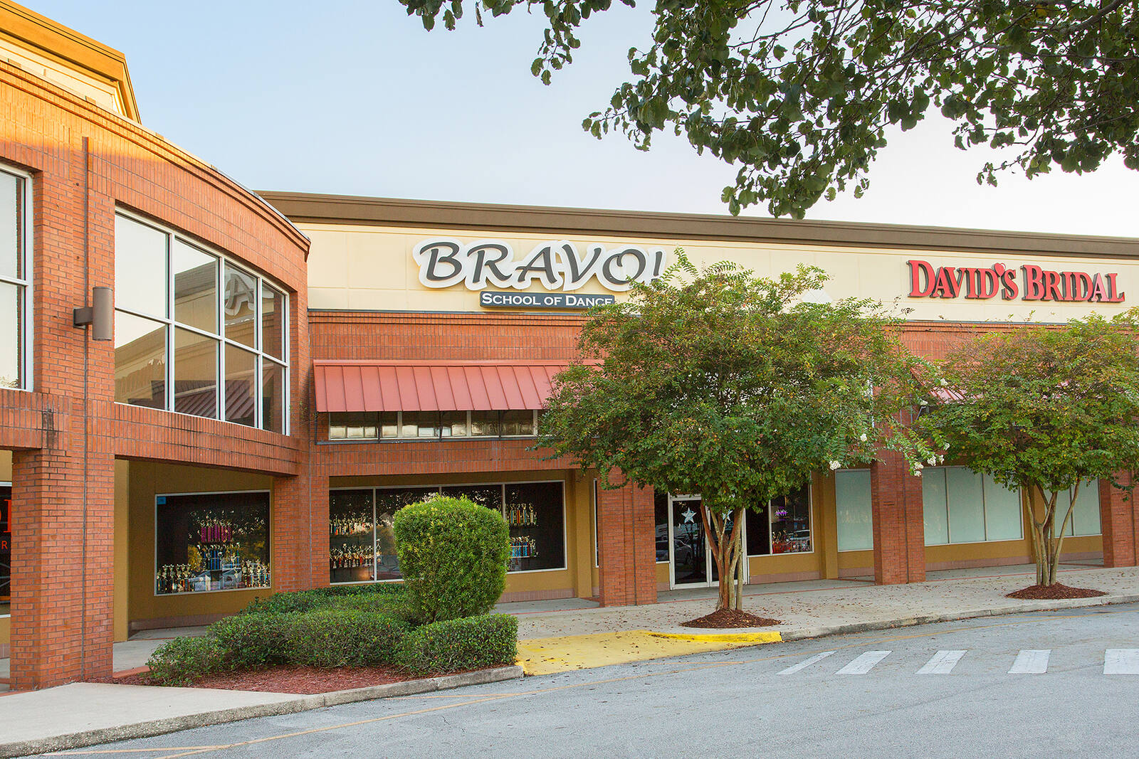 Trees and short hedges at entrance of Bravo School of Dance