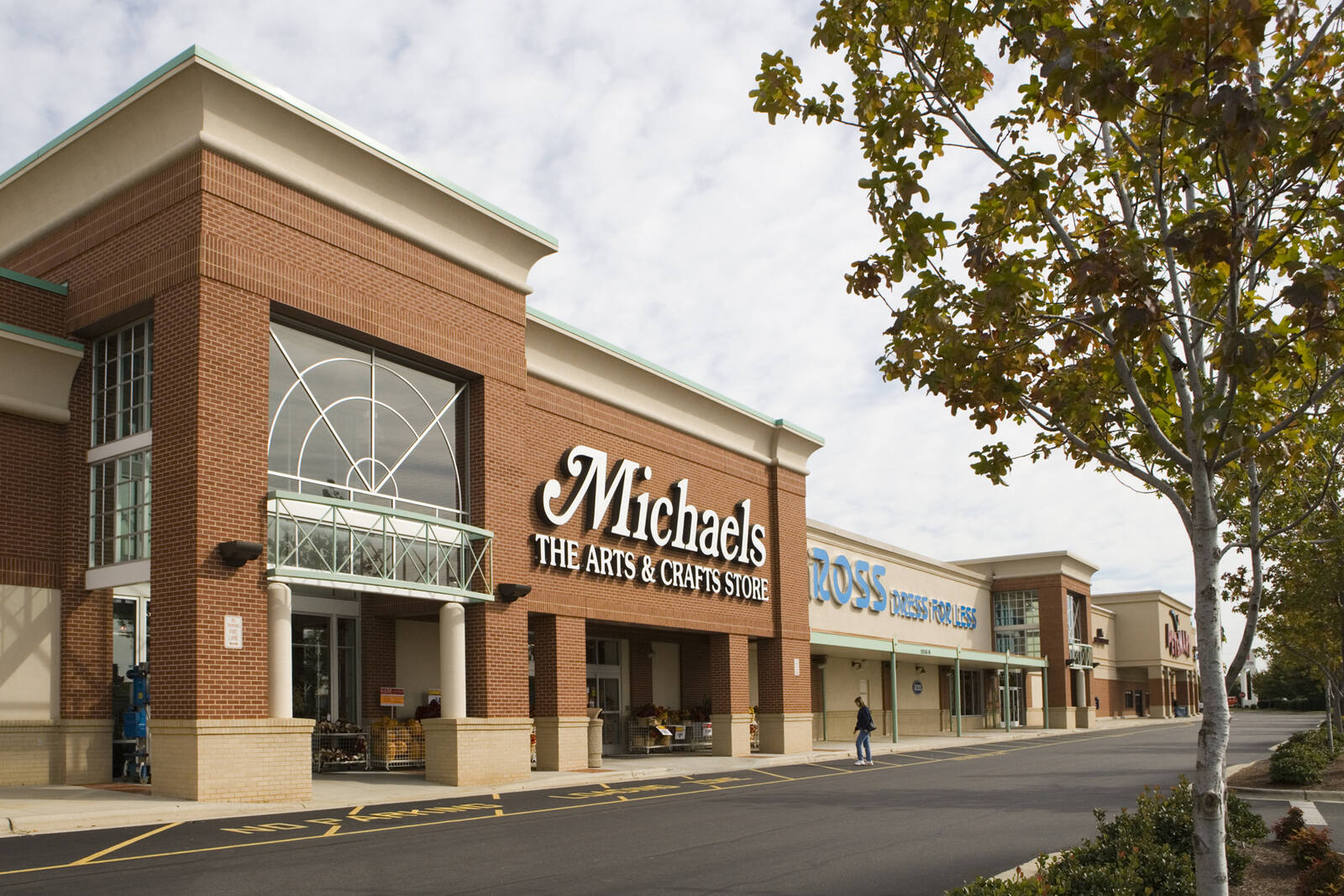 Tree on right side in front of entrances of Michaels and Ross Dress For Less